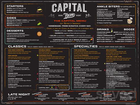 There aren&39;t enough food, service, value or atmosphere ratings for Capital Tacos, Florida yet. . Capital tacos menu
